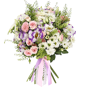 Bright pink spray rose mix, 50 cm - 7, Purple Lisianthus (Eustoma) - 6, Santini White Spray Chrysanthemum - 5, Green bell (1 pc.), Ribbon