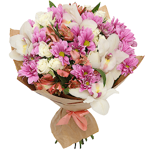 White Cymbidium Orchid Bud - 7, Spray rose: white, cream, light pink 50 cm - 5, Bacardi Pink Spray Chrysanthemum - 4, Alstromeria white, soft pink - 4, Wrapping Paper, Flask for orchids