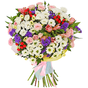 Bright pink spray rose mix, 50 cm - 5, Santini White Spray Chrysanthemum - 7, Alstromeria white, soft pink - 4, Blue Statice, Hypericum, Felt, Ribbon