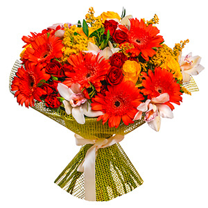 Gerbera daisies - 10, White Cymbidium Orchid Bud - 9, Spray rose: red 50 cm - 7, Yellow rose 50 cm - 7, Flask for orchids, Solidago (1 pc.), Pistachio, Mesh (Abaka), Ribbon