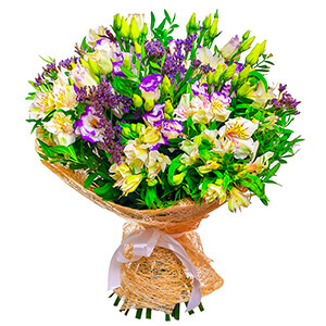 Purple Lisianthus (Eustoma) - 7, Alstromeria white, soft pink - 8, Limonium (1 pc.), Pistachio, Sisal, Ribbon