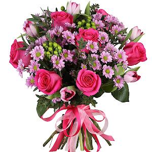 Pink rose 50 cm - 11, Pink tulip - 10, Daisy poms Santini pink, purple - 8, Hypericum, Eucalyptus parvifolia (1 pc.), Ribbon