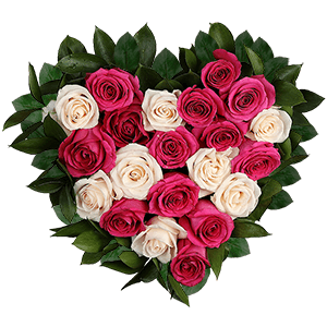 Pink rose 50 cm - 17, White rose 50 cm - 11, Ruscus, Oasis Heart shape (40x40 cm)