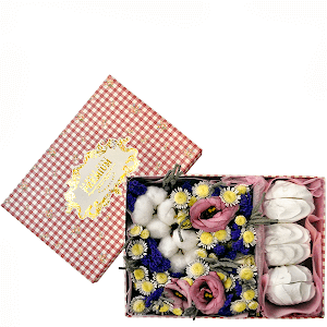 Pink Lisianthus (Eustoma) - 2, Athos poms Stallion - 2, Blue Statice, Marsh-mallow, Cotton bud, Composition Box, Felt, Oasis