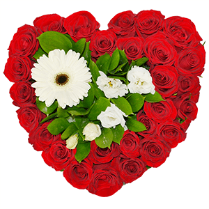 Red rose 50 cm - 37, Gerbera white - 1, lisianthus - 2, Ruscus, Oasis Heart shape (40x40 cm)