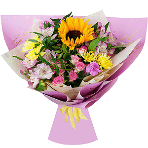 Sunflower - 1, Baltica Yellow Spray Chrysanthemum - 3, Alstromeria white, soft pink - 4, Pink spray carnation - 3, Bright pink spray rose mix, 50 cm - 2, Pistachio, Wrapping Paper