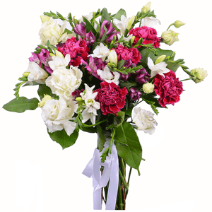 Freesia - 13, Pink carnation - 7, Alstromeria lilac, purple - 6, lisianthus - 3, Salal, Ribbon