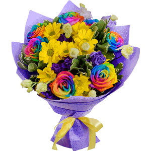 Arrangement  of rainbow roses with yellow chrysanthemums with delivery Tula