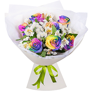 Rainbow rose - 7, Alstromeria white, soft pink - 7, Athos poms Stallion - 5, Wrapping Paper, Ribbon