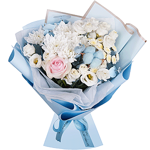 Baltica White Spray Chrysanthemum - 2, Athos poms Stallion - 2, lisianthus - 3, Pink rose 50 cm - 1, Eucalyptus Cinerea, Cotton bud, Wrapping Paper, Ribbon