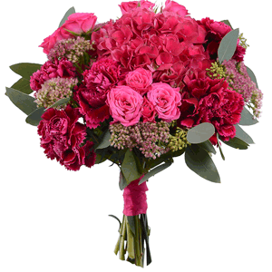 Pink Hydrangea - 1, Pink carnation - 7, Bright pink spray rose mix, 50 cm - 5, Sedum, Eucalyptus parvifolia (1 pc.), Ribbon
