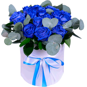 Rose blue - 23, Round flower box small , Oasis, Film, Ruscus, Eucalyptus, Ribbon