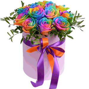 Rainbow rose - 17, Round flower box small , Oasis, Pistachio, Ribbon