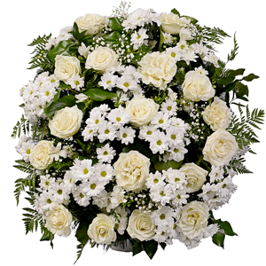 White rose 50 cm - 21, Santini White Spray Chrysanthemum - 20, Gypsophila - 2, Funeral wreath frame, Ruscus, Salal, Fern (1 pc.)