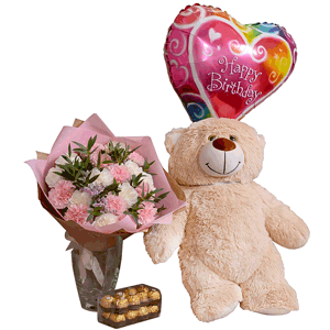 Pink carnation - 13, Carnation white, cream - 12, Eucalyptus parvifolia (1 pc.), Limonium (1 pc.), Film, Wrapping Paper, Ribbon, Candies 