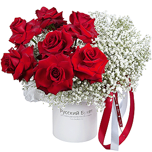 Rose Red 50 cm Ecuador - 9, Gypsophila - 8, Round flower box small , Oasis, Ribbon