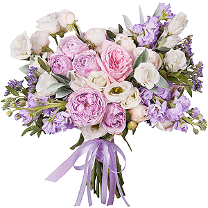 Peony rose pink 'OHara' - 1, Spray peony rose Lavander, 50 cm - 2, Spray rose: white, cream, light pink 50 cm - 8, lisianthus - 2, Matthiola Lilac - 5, Limonium (1 pc.), Ruscus, Pistachio, Ribbon