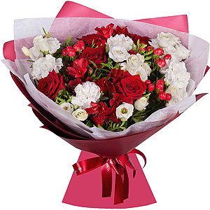 Red rose 50 cm - 7, lisianthus - 3, Alstromeria Red, Bright Pink - 3, Carnation white, cream - 6, Hypericum, Pistachio, Wrapping Paper