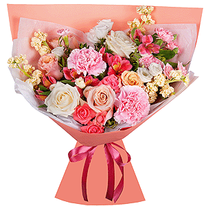 Rose Cream 50 cm - 6, White rose 50 cm - 5, lisianthus - 3, Pink carnation - 6, Alstromeria white, soft pink - 5, Spray rose: white, cream, light pink 50 cm - 3, White Matthiola - 5, Pink spray carnation - 4, Pistachio, Wrapping Paper