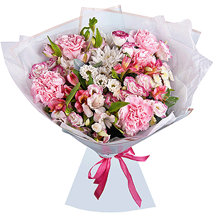 Pink carnation - 8, Alstromeria white, soft pink - 5, Santini White Spray Chrysanthemum - 3, Baltica White Spray Chrysanthemum - 3, Athos poms Stallion - 3, Pink Lisianthus (Eustoma) - 3, Ruscus, Wrapping Paper