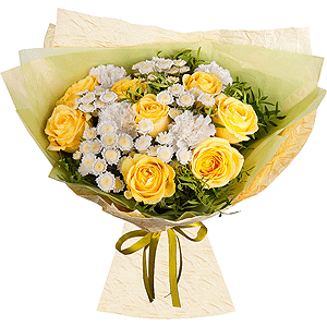 Yellow rose 50 cm - 11, Carnation white, cream - 9, Athos poms Stallion - 6, Pistachio, Wrapping Paper, Ribbon
