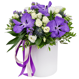 Vanda Orchid bud - 4, Spray rose: white, cream, light pink 50 cm - 6, lisianthus - 3, Round flower box small , Oasis, Film, Pistachio, Ruscus, Aspidistra (1 pc.), Flask for orchids, Eryngium, Blue Statice, Ribbon