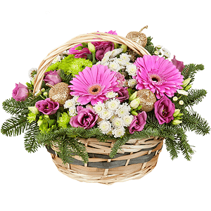 Athos pom Feeling Green - 2, Purple Lisianthus (Eustoma) - 4, Purple gerbera - 5, Athos poms Stallion - 3, Oasis, Decorative element small, Spruce branches (1pc.), Medium Basket