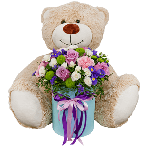 Deep Purple rose - 7, Spray rose: white, cream, light pink 50 cm - 10, Pink carnation - 4, Irises - 4, Athos pom Feeling Green - 3, Round flower box medium, Oasis, Film, Pistachio, Blue Statice, Teddy bear 70 cm, Ribbon