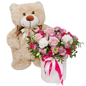 Carnation white, cream - 4, Pink Lisianthus (Eustoma) - 7, Pink spray carnation - 4, Pink rose 50 cm - 4, Round flower box small , Oasis, Film, Pistachio, Ribbon, Taddy Bear 45 cm