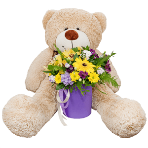 Gerbera yellow - 2, Lilac carnation - 3, Orchid bud yellow/brown Cymbidium - 3, Alstromeria lilac, purple - 2, Purple Lisianthus (Eustoma) - 6, Bacardi Yellow Spray Chrysanthemum - 3, Alstromeria Yellow, Orange - 1, Round flower box small , Film, Oasis, Pistachio, Ruscus, Ambrella, Flask for orchids, Ribbon, Teddy bear 90 cm