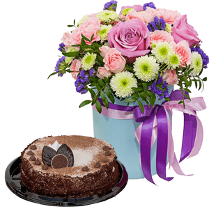 Deep Purple rose - 4, Santini White Spray Chrysanthemum - 4, Pink carnation - 4, Bright pink spray rose mix, 50 cm - 7, Round flower box small , Oasis, Pistachio, Film, Blue Statice, Ribbon, Cake in assortment