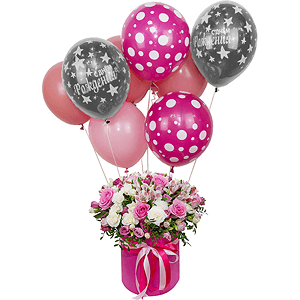 Pink rose 50 cm - 12, Alstromeria white, soft pink - 6, Spray rose: white, cream, light pink 50 cm - 11, Pink Lisianthus (Eustoma) - 6, Round flower box medium, Oasis, Film, Pistachio, Helium Balloon (1 pc.), Ribbon