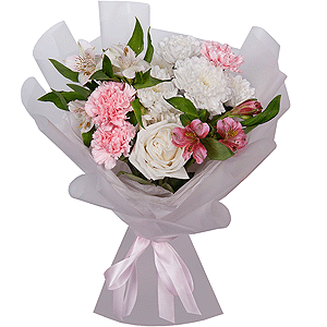 White rose 50 cm - 2, Alstromeria white, soft pink - 3, Baltica White Spray Chrysanthemum - 1, Pink carnation - 3, Wrapping Paper