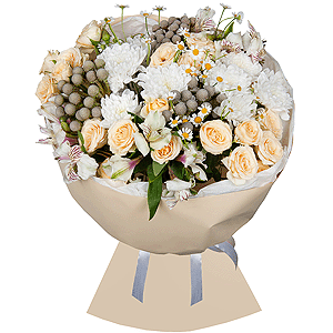 Spray rose: white, cream, light pink 50 cm - 5, Baltica White Spray Chrysanthemum - 3, Alstromeria white, soft pink - 7, Chamomile - 4, Brunia Green Lanuginosa (1 pc.), Wrapping Paper