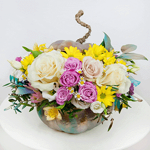 White rose 50 cm - 3, Pink rose 50 cm - 2, Bright pink spray rose mix, 50 cm - 3, Alstromeria Yellow, Orange - 2, Chamomile - 2, Bacardi Yellow Spray Chrysanthemum - 2, lisianthus - 2, Alstromeria white, soft pink - 1, Bacardi Pink Spray Chrysanthemum - 1, Pumpkin medium (d 20-25 cm), Oasis, Pistachio, Salal