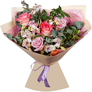 Pink rose 50 cm - 7, Alstromeria white, soft pink - 8, Hypericum, Pistachio, Wrapping Paper, Eucalyptus