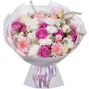 Spray peony rose Misty Bubbles, 50 cm - 3, Baltica White Spray Chrysanthemum - 5, White Matthiola - 2, Pink Lisianthus (Eustoma) - 2, Alstromeria white, soft pink - 5, White rose 50 cm - 6, Pink carnation - 6, Green bell (1 pc.), Wrapping Paper