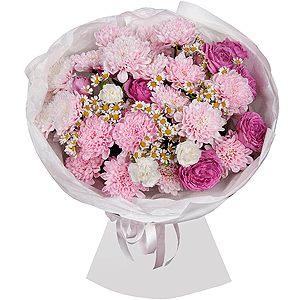 Baltica Pink Spray Chrysanthemum - 4, Peony sprayrose - 3, White spray carnation - 9, Chamomile - 5, Wrapping Paper