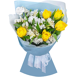 Yellow tulip - 7, Bacardi White Spray Chrysanthemum - 1, Alstromeria white, soft pink - 2, White spray carnation - 1, White statice, Wrapping Paper