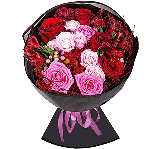 Red rose 50 cm - 3, Pink rose 50 cm - 3, Bacardi Red Spray Chrysanthemum - 1, Carnation red - 5, Alstromeria Red, Bright Pink - 4, Peony sprayrose - 2, Hypericum, Asparagus umbelatus (1 pc.), Wrapping Paper