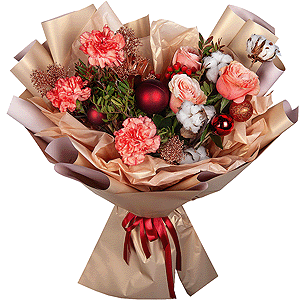 Orange carnation - 5, Peony rose Kahala 50 cm - 3, Skimmia, Pistachio, Cotton branch, Christmas decor (set), Hypericum, Wrapping Paper