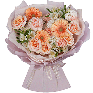 Cream gerbera - 3, Baltica White Spray Chrysanthemum - 2, Carnation white, cream - 11, Pink-orange rose Phoenix 50 cm - 5, Alstromeria white, soft pink - 3, lisianthus - 2, Wrapping Paper