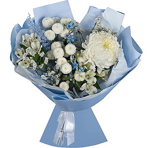 Chrysanthemum white Bigoudi - 1, Newton White Spray Chrysanthemum - 2, Alstromeria white, soft pink - 4, Oksipetalum, Limonium (1 pc.), Dried flowers in assortment, Wrapping Paper