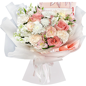 Baltica White Spray Chrysanthemum - 3, White Matthiola - 3, Carnation white, cream - 5, Peony sprayrose - 2, Alstromeria white, soft pink - 5, Pink rose 50 cm - 3, Ozotamnus, Wrapping Paper