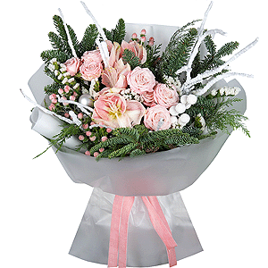 Pink amaryllis - 2, Peony sprayrose - 6, Spruce branches (1pc.), Hypericum, White statice, Thuja, Christmas decor (set), Artificial branch, Wrapping Paper