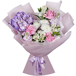 Blue/purple hydrangea - 1, Baltica White Spray Chrysanthemum - 1, Pink carnation - 7, Alstromeria white, soft pink - 5, Matthiola Lilac - 2, Wrapping Paper