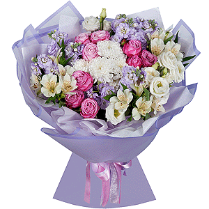 Matthiola Lilac - 3, Baltica White Spray Chrysanthemum - 1, Peony sprayrose - 4, Alstromeria white, soft pink - 9, lisianthus - 2, Wrapping Paper
