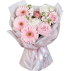 Chrysanthemum white Bigoudi - 1, Gerbera pink - 7, Peony rose pink 'OHara' - 3, White Matthiola - 2, lisianthus - 3, Wrapping Paper