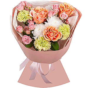 Pink-orange rose Phoenix 50 cm - 3, Baltica White Spray Chrysanthemum - 1, Bright pink spray rose mix, 50 cm - 3, Green carnation - 7, Wrapping Paper