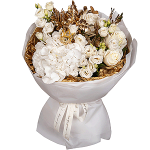 White rose 50 cm Ecuador - 7, lisianthus - 4, Spray rose: white, cream, light pink 50 cm - 3,  White Hydrangea - 1, Pistachio, Decorative crown, Wrapping Paper